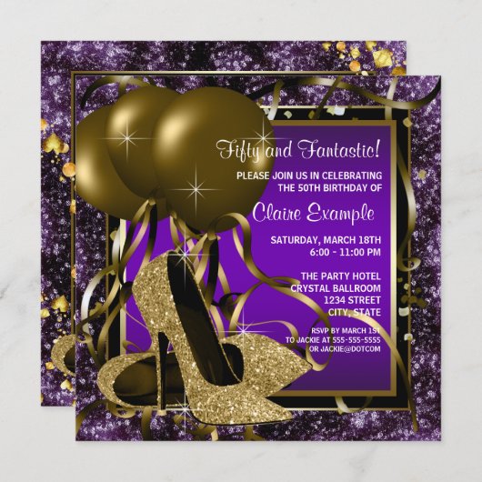 Paarse en gouden hoge hakken vrouwen verjaardagsfe kaart (Voorkant / Achterkant)