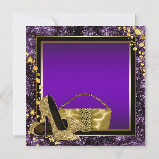 Paarse en gouden hoge hakken vrouwen verjaardagsfe kaart (Achterkant)