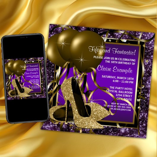 Paarse en gouden hoge hakken vrouwen verjaardagsfe kaart