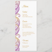 Paarse en gouden indiaanse paisley bruiloft menu (Voorkant)