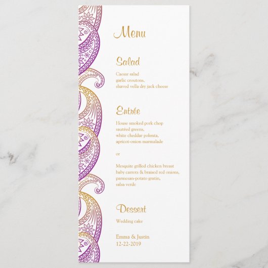 Paarse en gouden indiaanse paisley bruiloft menu (Voorkant)