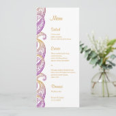 Paarse en gouden indiaanse paisley bruiloft menu (Staand voorkant)