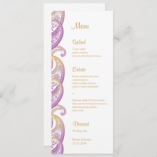 Paarse en gouden indiaanse paisley bruiloft menu (Voorkant / Achterkant)