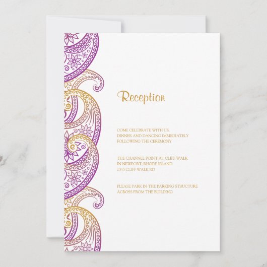 Paarse en gouden indiaanse paisley bruiloft recept kaart (Voorkant)