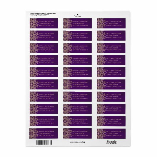 PAARSE EN GOUDEN INDIASE GEÏNSPIREERDE ADRESETIKET ETIKET (Full Sheet)