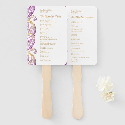 Paarse en gouden Indiase Paisley bruiloft programm Handwaaier (Voorkant en achterkant)