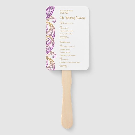 Paarse en gouden Indiase Paisley bruiloft programm Handwaaier (Achterkant)