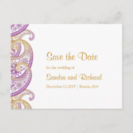 Paarse en gouden Indiase Paisley Save the Date Aankondigingskaart