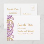 Paarse en gouden Indiase Paisley Save the Date Aankondigingskaart (Voorkant / Achterkant)