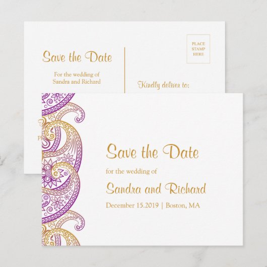 Paarse en gouden Indiase Paisley Save the Date Aankondigingskaart (Voorkant / Achterkant)