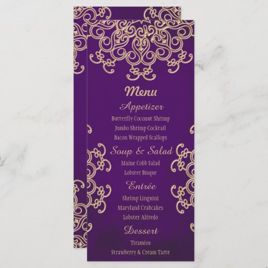Paarse en gouden Indiase stijl Menu Kaarten (Voorkant / Achterkant)