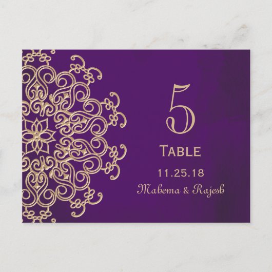 PAARSE EN GOUDEN INDIASE TROUWTAFEL NUMMER KAART (Voorkant)