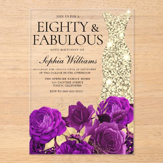 Paarse en gouden jurk 80ste verjaardagsfeest acryl uitnodigingen (Voorkant)