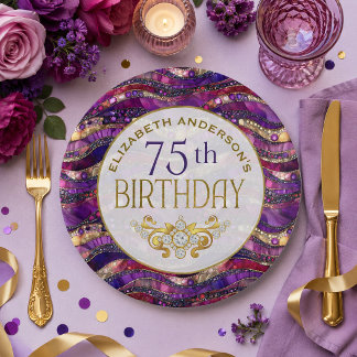Paarse en gouden juwelen strata 75ste verjaardag papieren bordje