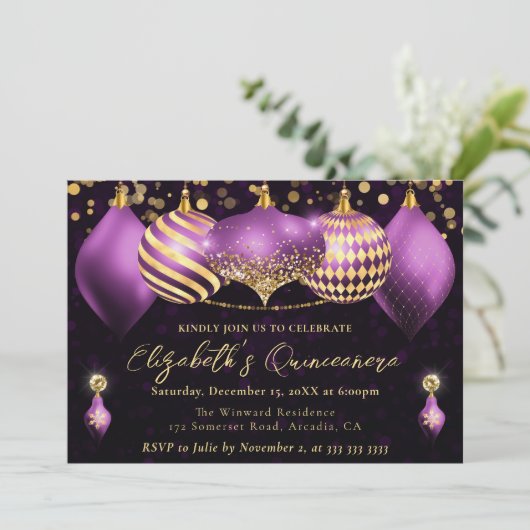Paarse en gouden kerstballen Quinceanera Kaart (Staand voorkant)
