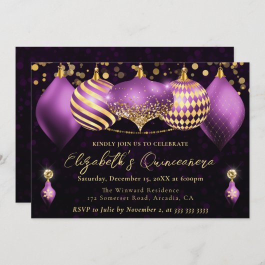 Paarse en gouden kerstballen Quinceanera Kaart (Voorkant / Achterkant)