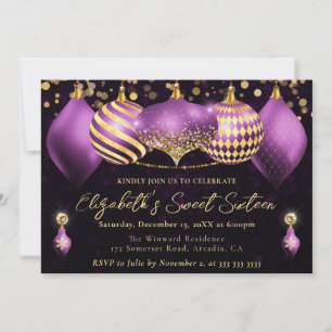 Paarse en Gouden Kerstballen Sweet 16 Kaart