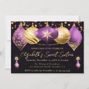 Paarse en Gouden Kerstballen Sweet 16 Kaart