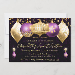 Paarse en Gouden Kerstballen Sweet 16 Kaart