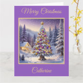 Paarse en gouden kerstboom in een winterbos kaart (Gele Bloem)