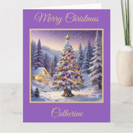 Paarse en gouden kerstboom in een winterbos kaart