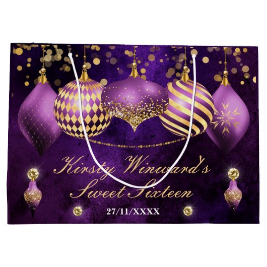 Paarse en gouden kerstcadeautjes Sweet 16 Groot Cadeauzakje (Achterkant)