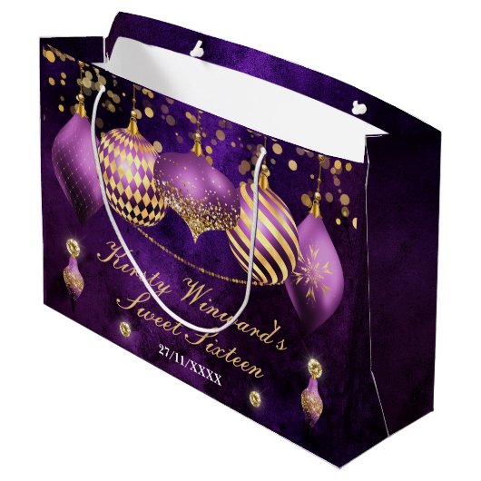 Paarse en gouden kerstcadeautjes Sweet 16 Groot Cadeauzakje (Achterkant Gekanteld)