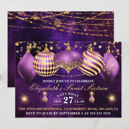 Paarse en gouden kerstcadeautjes Sweet 16 Kaart (Voorkant / Achterkant)