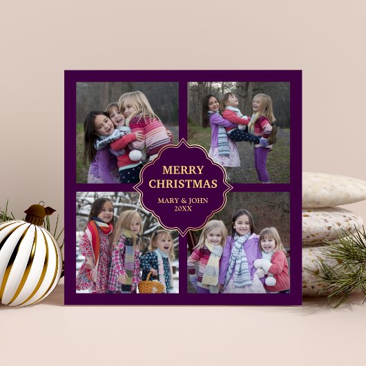 Paarse en gouden kerstfoto's 4 Square Collage Feestdagenkaart