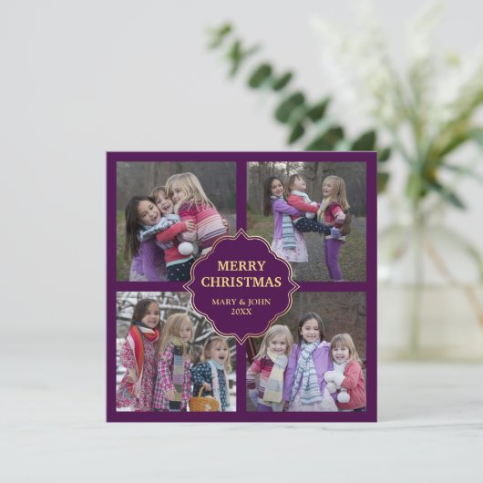Paarse en gouden kerstfoto's 4 Square Collage Feestdagenkaart (Staand voorkant)