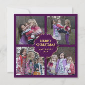 Paarse en gouden kerstfoto's 4 Square Collage Feestdagenkaart (Voorkant)