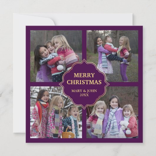 Paarse en gouden kerstfoto's 4 Square Collage Feestdagenkaart (Voorkant)