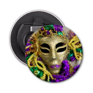 Paarse en gouden kralen Maskerade Masker Mardi Gra Button Flesopener