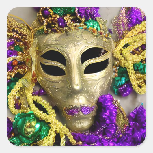Paarse en gouden kralen Maskerade Masker Mardi Gra Vierkante Sticker (Voorkant)