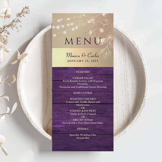 Paarse en Gouden Landelijke Bruiloft Menu