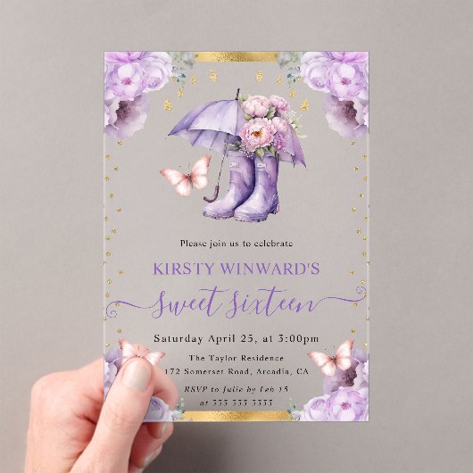 Paarse en gouden lente paraplu Sweet 16 Acryl Uitnodigingen (Insitu (Draagbaar))
