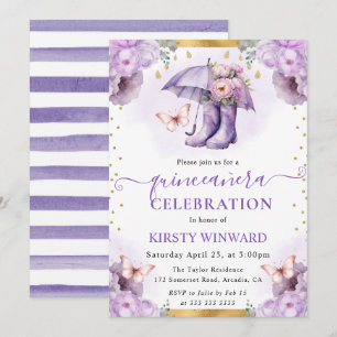 Paarse en gouden lenteparaplu Quinceanera Kaart