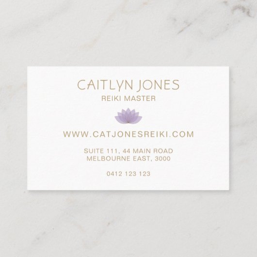 Paarse en gouden Lotus Logo Yoga | Reiki Visitekaartje (Achterkant)