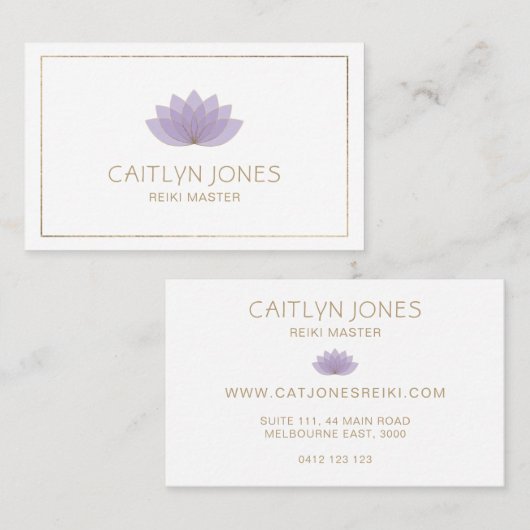 Paarse en gouden Lotus Logo Yoga | Reiki Visitekaartje (Voorkant / Achterkant)