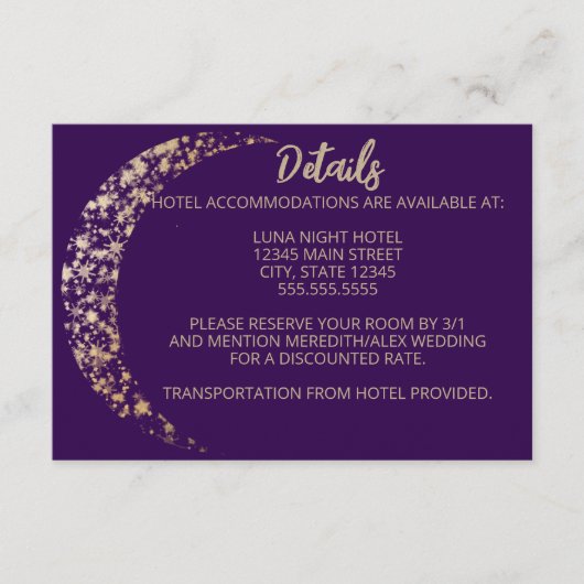 Paarse en gouden maan en terug bruiloft informatiekaartje (Voorkant)