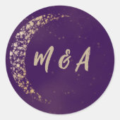Paarse en gouden maan en terug bruiloft ronde sticker (Voorkant)