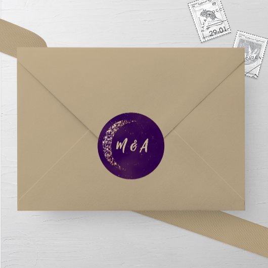 Paarse en gouden maan en terug bruiloft ronde sticker