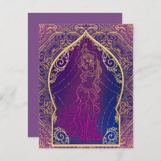 Paarse en gouden Marokkaanse buikdansfeest Uitnodiging Briefkaart (Voorkant / Achterkant)