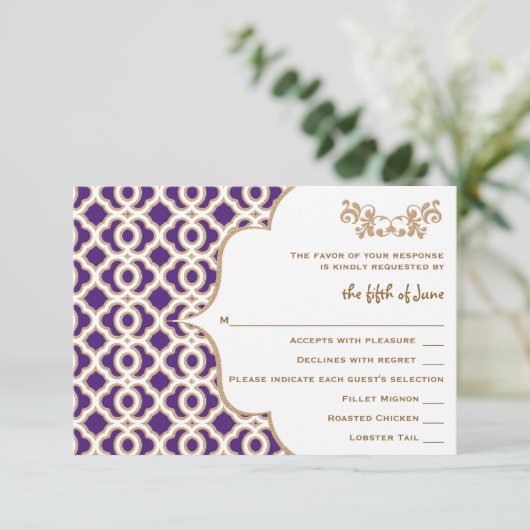 Paarse en gouden Marokkaanse kaarten voor het bean RSVP Kaartje (Staand voorkant)