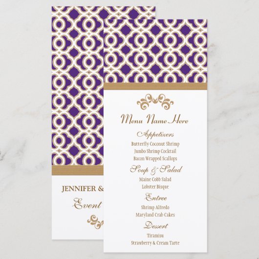 Paarse en gouden Marokkaanse menu (Voorkant / Achterkant)