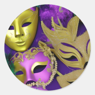 Paarse en gouden maskerade maskers Mardi Gras Ronde Sticker