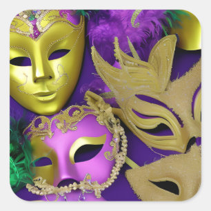 Paarse en gouden maskerade maskers Mardi Gras Vierkante Sticker