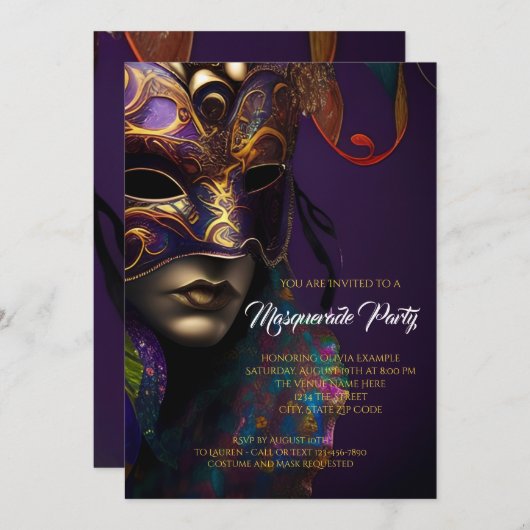 Paarse en gouden maskerade partij met levendige ma kaart (Voorkant / Achterkant)