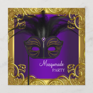 Paarse en gouden Masquerade Party Kaart