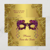Paarse en gouden Masquerade Party Save The Date Aankondigingskaart (Voorkant / Achterkant)